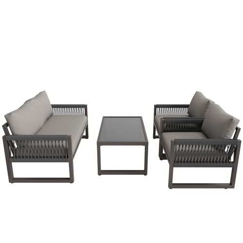 Salon De Jardin 4 Places, Canapé Et Table, Coussins Inclus, Fer Et Corde, Couleur Gris