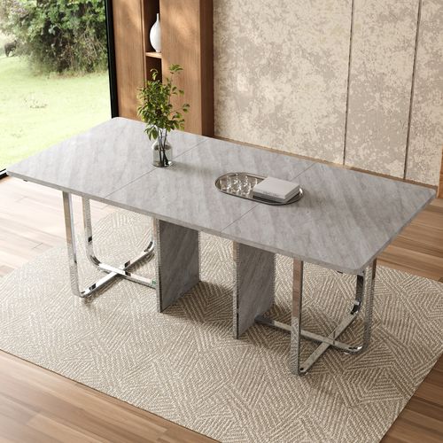 Table à Manger 180x80x75 Cm, Design Moderne Pour 6 Personnes, Plateau Mdf, Pieds Métal, Gris+argenté