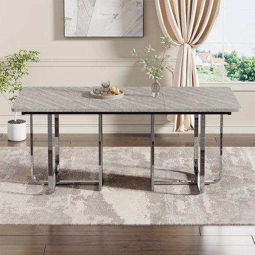 Table à Manger 180x80x75 Cm, Design Moderne Pour 6 Personnes, Plateau Mdf, Pieds Métal, Gris+argenté