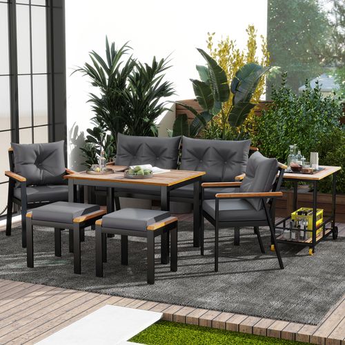 Salon De Jardin Repas, Canapé 2 Places, 2 Chaises, 2 Tabourets, Chariot, Bois, Métal, Noir+gris+bois