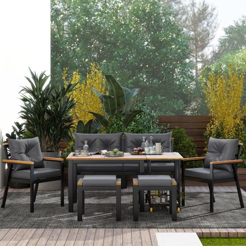 Salon De Jardin Repas, Canapé 2 Places, 2 Chaises, 2 Tabourets, Chariot, Bois, Métal, Noir+gris+bois