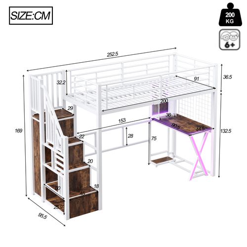 Lit Mezzanine Moderne 90x200 Cm Avec LED Et Bureau Intégré, Rangement, Métal Et Mdf, Blanc