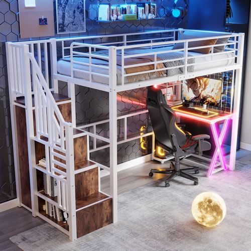 Lit Mezzanine Moderne 90x200 Cm Avec LED Et Bureau Intégré, Rangement, Métal Et Mdf, Blanc