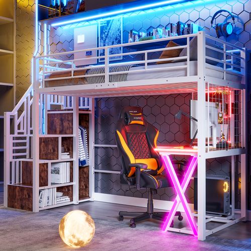 Lit Mezzanine Moderne 90x200 Cm Avec LED Et Bureau Intégré, Rangement, Métal Et Mdf, Blanc