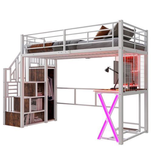 Lit Mezzanine Moderne 90x200 Cm Avec LED Et Bureau Intégré, Rangement, Métal Et Mdf, Blanc