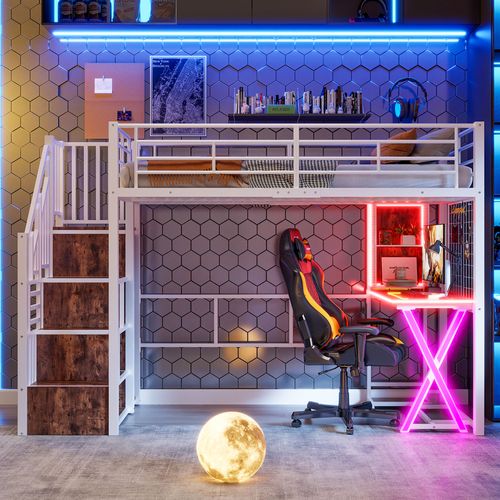 Lit Mezzanine Moderne 90x200 Cm Avec LED Et Bureau Intégré, Rangement, Métal Et Mdf, Blanc