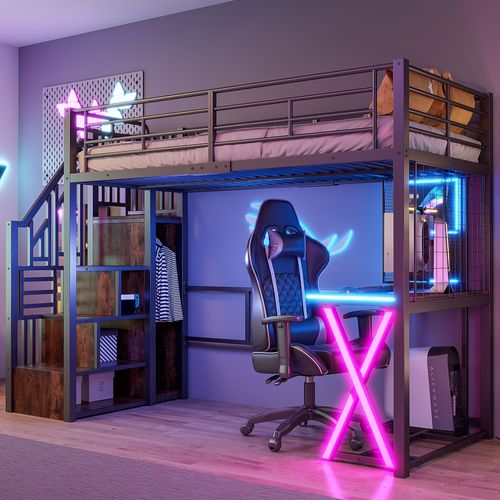 Lit Mezzanine 90x200 Cm, Bureau, Escalier De Rangement, LED, Étagères Latérales, Métal Et Mdf, Noir