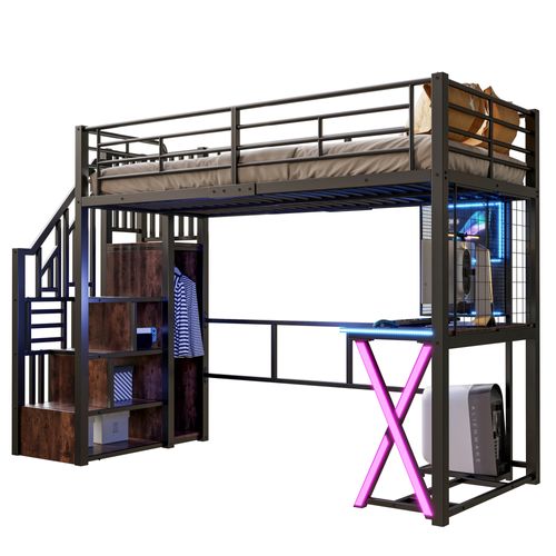 Lit Mezzanine 90x200 Cm, Bureau, Escalier De Rangement, LED, Étagères Latérales, Métal Et Mdf, Noir