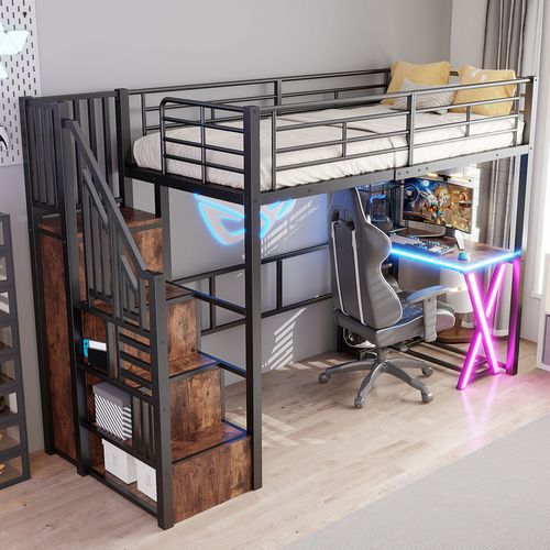 Lit Mezzanine 90x200 Cm, Bureau, Escalier De Rangement, LED, Étagères Latérales, Métal Et Mdf, Noir