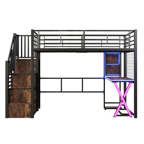 Lit Mezzanine 90x200 Cm, Bureau, Escalier De Rangement, LED, Étagères Latérales, Métal Et Mdf, Noir