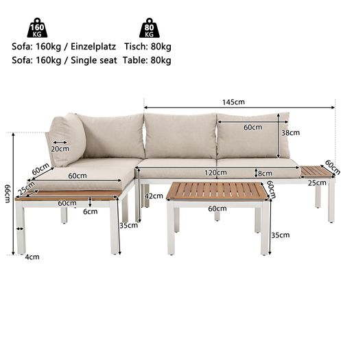 Salon De Jardin 3 Pieces, 2 Canapes 120x60x66 Cm, Acier Galvanise, Plateau , Beige