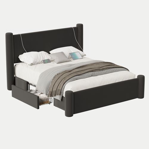 Lit Adulte 140x200 Cm, Design Moderne, 2 Tiroirs Et Ports USB, Tête De Lit Épaisse, Velours, Noir