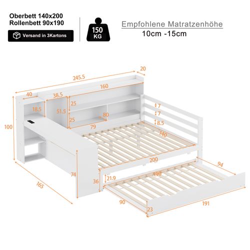 Canapé-lit 140x200 Cm, Lit Gigogne 90x190 Cm, Bureau, 6 Niches, Prise USB, Pin, Contreplaqué, Blanc