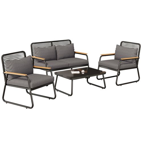 Ensemble De Salon De Jardin Pour 4 Personnes,  Pieds Réglables, Avec Coussins, Noir