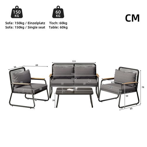 Ensemble De Salon De Jardin Pour 4 Personnes,  Pieds Réglables, Avec Coussins, Noir