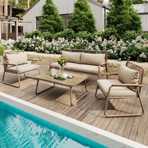 Salon De Jardin 4 Places, Table 80x50 Cm, Structure Acier Galvanisé, Verre Trempé, Beige