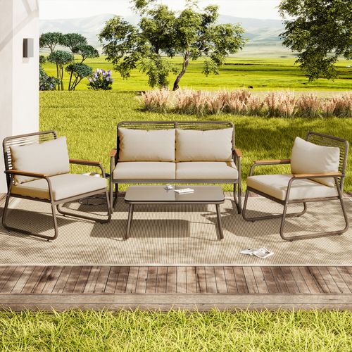 Salon De Jardin 4 Places, Table 80x50 Cm, Structure Acier Galvanisé, Verre Trempé, Beige