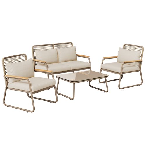 Salon De Jardin 4 Places, Table 80x50 Cm, Structure Acier Galvanisé, Verre Trempé, Beige