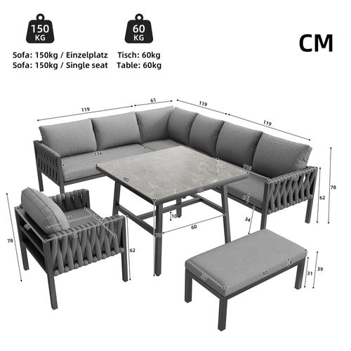 Salon De Jardin D’angle 180x238x78cm, 4 Pièces Avec Coussins, Métal Et Polyester, Gris