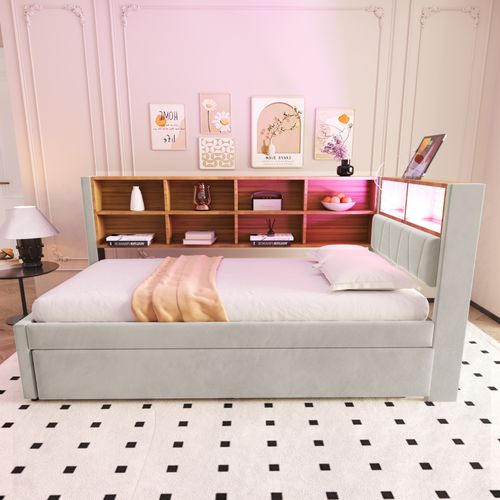 Canapé Lit 90x200 Cm, Lit Gigogne 90x190 Cm Avec LED Et Prises Multifonctions, Flanelle, Gris Clair