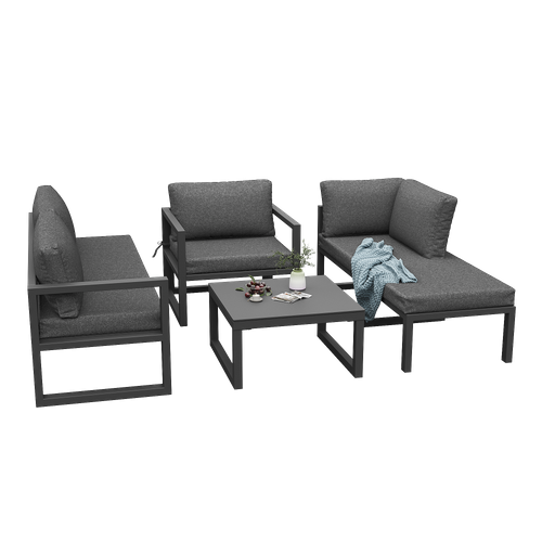 Salon De Jardin 4 Places, Design Simple, Table Verre Trempé, Métal, Gris