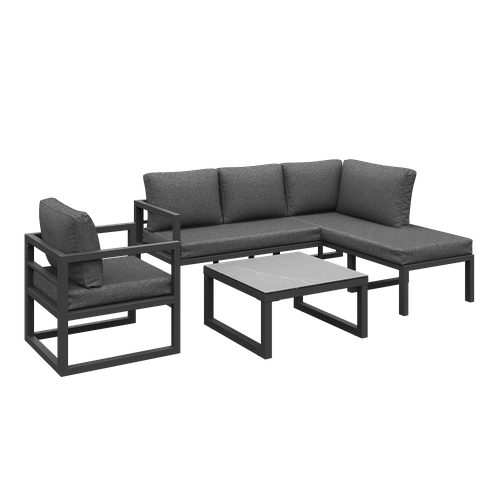 Salon De Jardin 4 Places, Design Simple, Table Verre Trempé, Métal, Gris