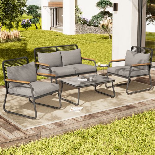 Ensemble De Salon De Jardin Pour 4 Personnes,  Pieds Réglables, Avec Coussins, Gris