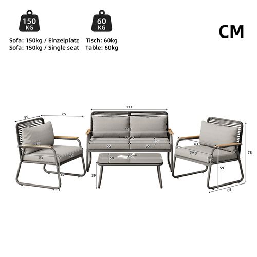 Ensemble De Salon De Jardin Pour 4 Personnes,  Pieds Réglables, Avec Coussins, Gris