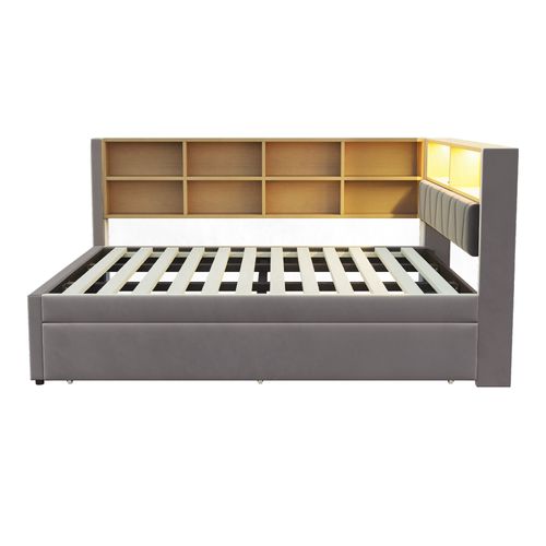 Canapé-lit Double 140x200 Cm, Lit Gigogne 90x190 Cm, LED, Port USB, 10 Niches, Flanelle Gris Foncé