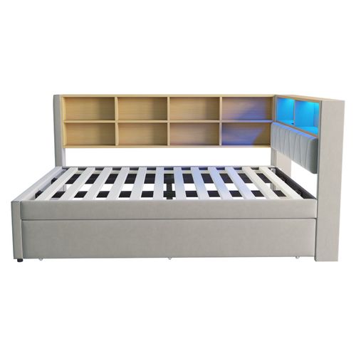 Canapé-lit Double 140x200 Cm, Lit Gigogne 90x190 Cm, LED, Port USB, 10 Niches, Flanelle Gris Clair