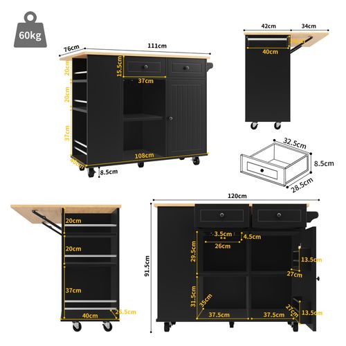 Îlot De Cuisine 120x42-76x91.5 Cm, Table Pliante, Support à Verres, Mdf Et Métal, Noir+bois