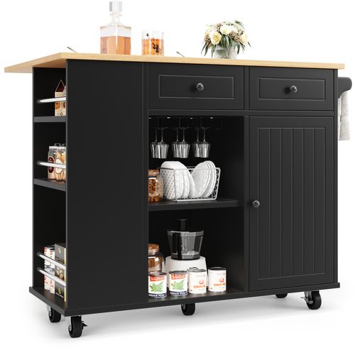 Îlot De Cuisine 120x42-76x91.5 Cm, Table Pliante, Support à Verres, Mdf Et Métal, Noir+bois