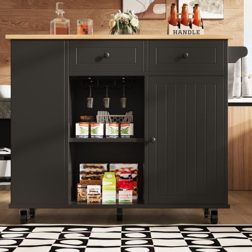 Îlot De Cuisine 120x42-76x91.5 Cm, Table Pliante, Support à Verres, Mdf Et Métal, Noir+bois