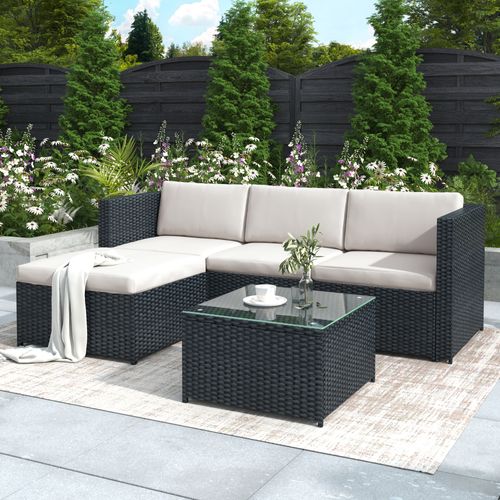 Salon De Jardin D’angle 196x136 Cm, Coussins Déhoussables, Rotin Pe Acier, Couleur Noire