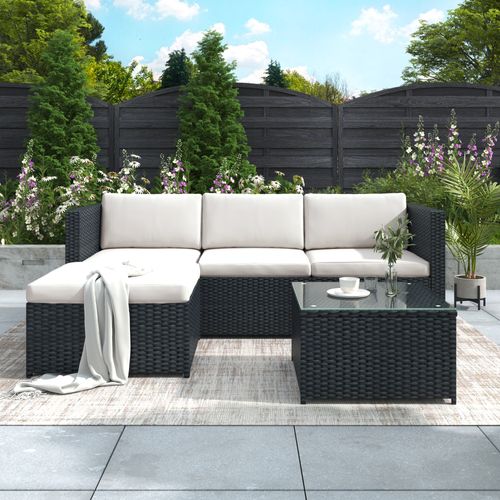 Salon De Jardin D’angle 196x136 Cm, Coussins Déhoussables, Rotin Pe Acier, Couleur Noire