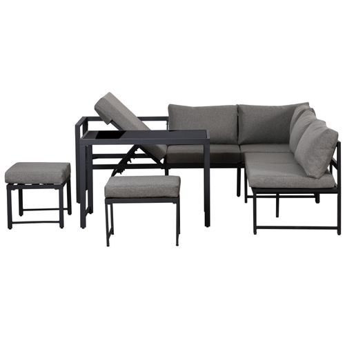 Salon De Jardin 5 Places,  Dossier Réglable 4 Positions, Aluminium Verre, Noir Et Gris