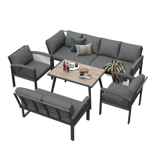 Salon De Jardin 8 Places, Table 100x60 Cm Effet Bois, Cadre Métal Galvanisé, Gris