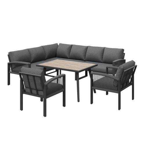 Salon De Jardin 8 Places, Table 100x60 Cm Effet Bois, Cadre Métal Galvanisé, Gris