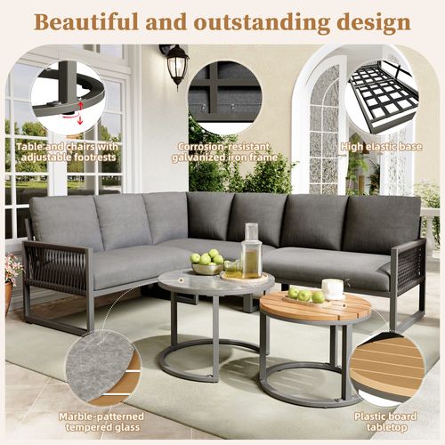Ensemble De Salon De Jardin Pour 6-7 Personnes, Sofa D'angle, Structure En Acier, Gris