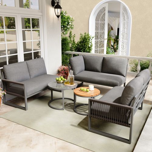 Ensemble De Salon De Jardin Pour 6-7 Personnes, Sofa D'angle, Structure En Acier, Gris