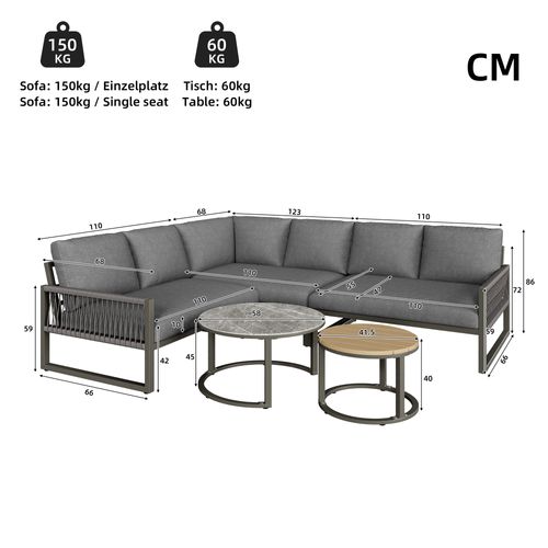 Ensemble De Salon De Jardin Pour 6-7 Personnes, Sofa D'angle, Structure En Acier, Gris