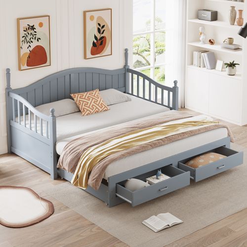 Canapé Lit Extensible 90x190 Cm Transformable En 180x190 Cm, Tiroirs De Rangement, Bois, Gris
