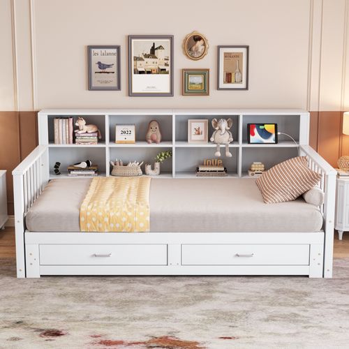 Lit Gigogne 90/180x190 Cm, 8 Niches Et 2 Tiroirs, Prise Électrique, Pin, Contreplaqué, Mdf, Blanc