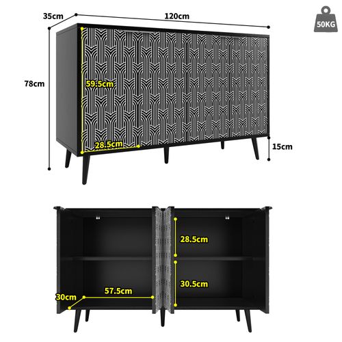 Buffet 120x35x78 Cm, 4 Porte Motif Géométrique Noir Et Blanc, Mdf, Métal Noir, Étagères Modulables