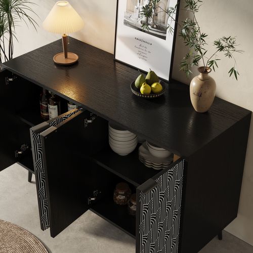 Buffet 120x35x78 Cm, 4 Porte Motif Géométrique Noir Et Blanc, Mdf, Métal Noir, Étagères Modulables