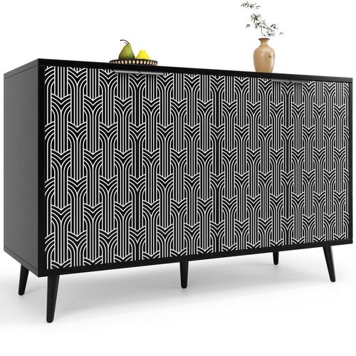 Buffet 120x35x78 Cm, 4 Porte Motif Géométrique Noir Et Blanc, Mdf, Métal Noir, Étagères Modulables
