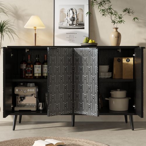 Buffet 120x35x78 Cm, 4 Porte Motif Géométrique Noir Et Blanc, Mdf, Métal Noir, Étagères Modulables