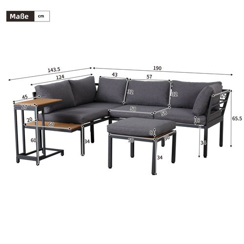 Salon De Jardin, Ensemble Canapé Angle, Table Appoint Et Pouf, Acier Galvanisé, Gris+bois