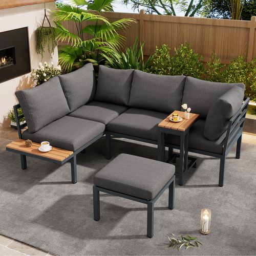 Salon De Jardin, Ensemble Canapé Angle, Table Appoint Et Pouf, Acier Galvanisé, Gris+bois