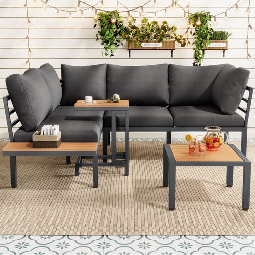 Salon De Jardin, Ensemble Canapé Angle, Table Appoint Et Pouf, Acier Galvanisé, Gris+bois